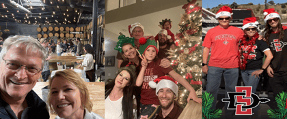 Left to right: Amy & her husband, Amy and her family at Christmas, Amy and her family at an SDSU game