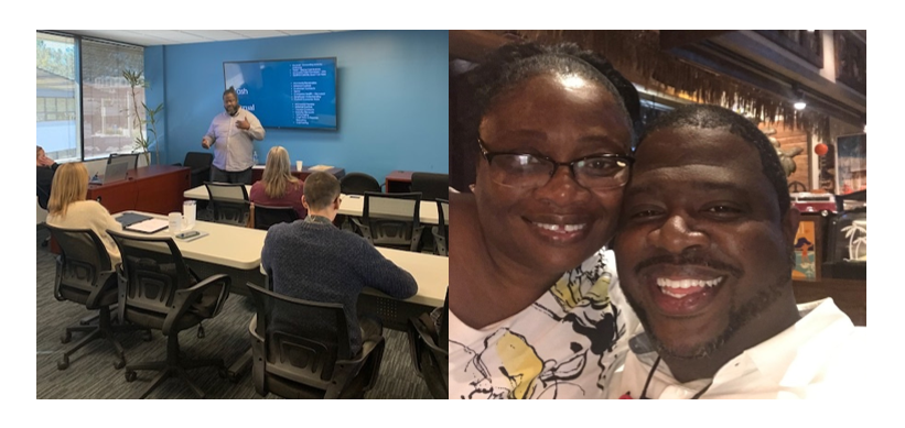 Picture on the left is David doing a presentation; Picture on right is David (right) and his wife (left)