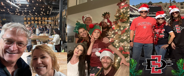 Left to right: Amy & her husband, Amy and her family at Christmas, Amy and her family at an SDSU game